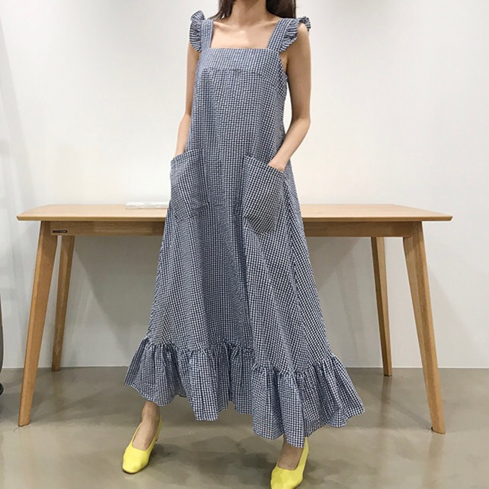 Cute pocket frills fluffy dress 👗 checked fuffy